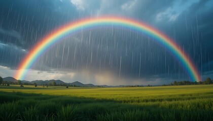 Rainbow Arcing Over a Lush Green Field During a Rain Shower