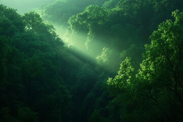 Obraz premium Sunlight Beams Through Lush Green Forest Canopy
