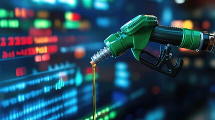 Fototapeta premium Energy crisis gasoline petroleum fuel nozzle with stock marketing graph chart showing oil prices on screen background.