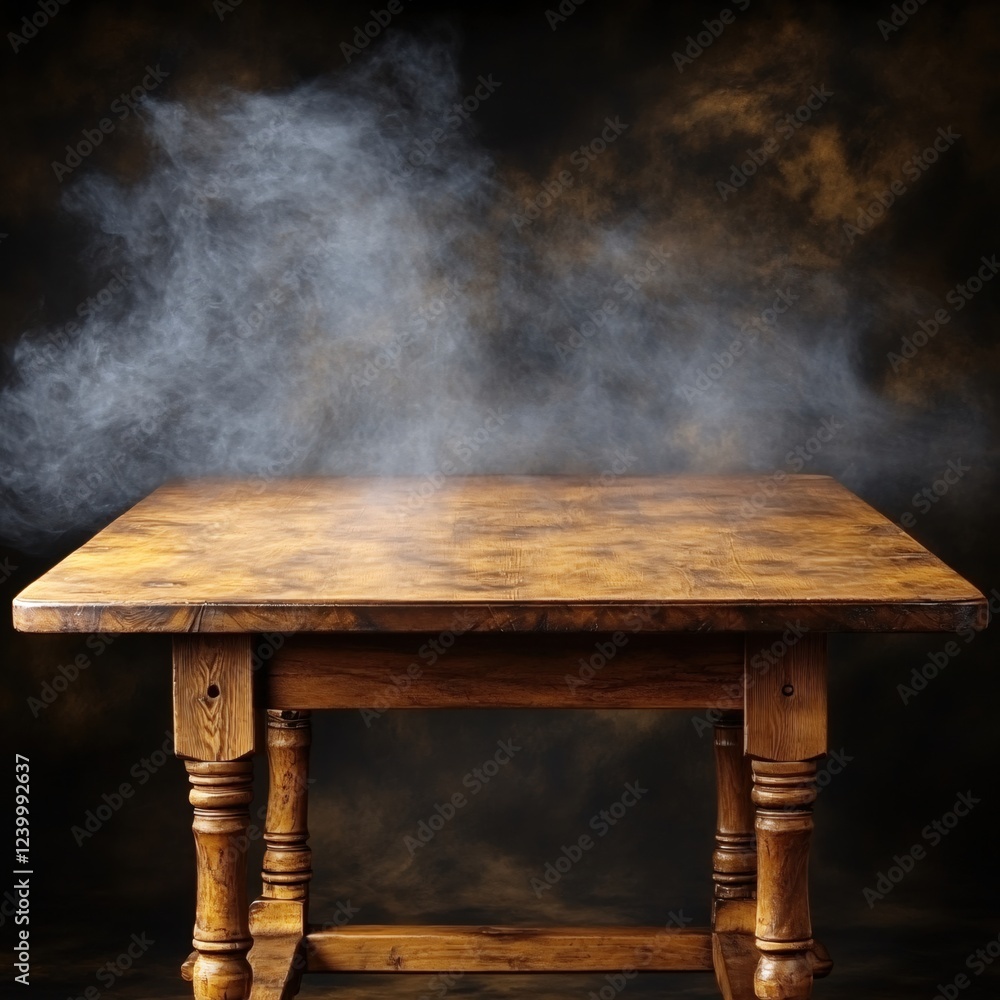 Poster rustic wooden table with smoke on a dark background creates a mysterious and moody scene