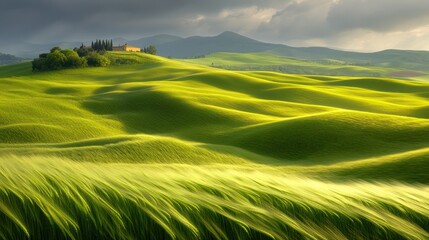 Obraz premium Rolling green hills, farmhouse, windswept grass, dramatic sky.