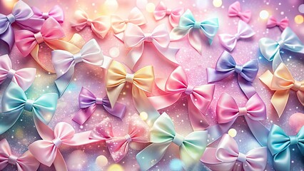 Fototapeta premium Sweet pastel pink background: a panoramic view embellished with delicate bows, creating a dreamy girly scene.
