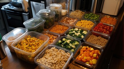 Obraz premium A meal prep setup with portioned containers of healthy meals for a balanced diet.