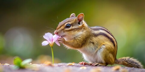 Obraz premium Tiny chipmunk, a single flower petal, simple beauty captured in nature photography.