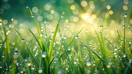 Fototapeta premium Softly glistening morning dew on lush green spring grass, with delicate droplets of water forming a intricate network on the blades , natural beauty, outdoor