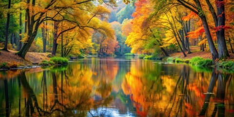 Fototapeta premium Serene autumn forest scene with vibrant tree reflections in a calm river, surrounded by lush greenery and autumn leaves , water feature, foliage
