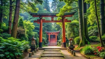 Obraz premium Serene Japanese shrine nestled among tranquil greenery with majestic torii gates, natural, japanese garden