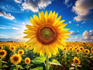 Fototapeta premium Vibrant yellow sunflowers bask under a sunny summer sky; a stunning nature image perfect for stock photography.