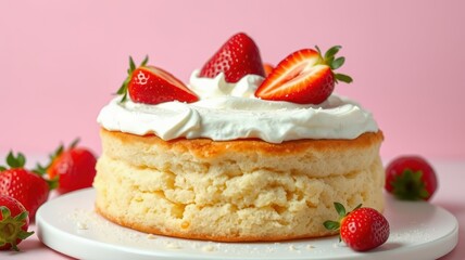 Delicious strawberry shortcake topped with cream on a pastel pink background