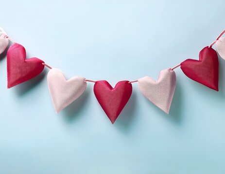 Festive Valentine's Day decorations: Pink and red bunting, heart designs adorning a festive background.