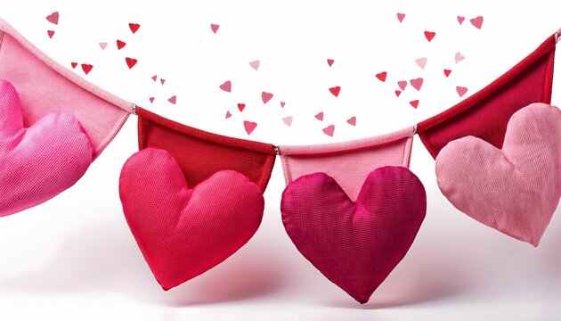 Festive Valentine's Day decorations: Pink and red bunting, heart designs adorning a festive background.