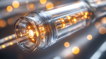 Naklejka premium close up of glowing fiber optic cable showcasing vibrant light patterns. intricate design highlights beauty of technology and illumination