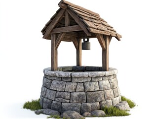 Rustic stone well, wooden cover, grass, white background; fairytale setting