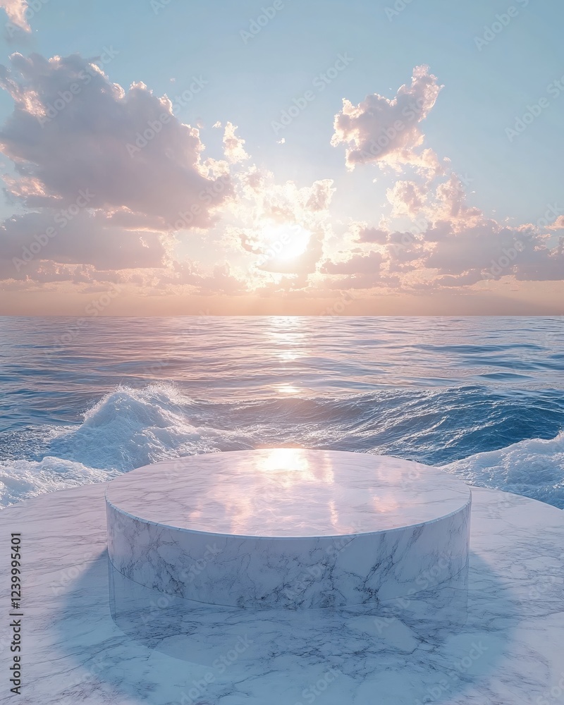 Poster marble platform over ocean waves at sunset with soft clouds and warm light creating a serene scene