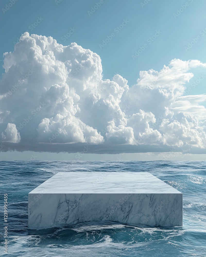 Poster marble platform in ocean with dramatic clouds above creating a serene and powerful scene