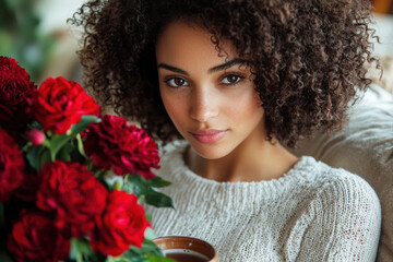 Naklejka premium A young woman with curly hair sits beside a bouquet of red flowers, holding a cup, exuding warmth and tranquility in a cozy setting.