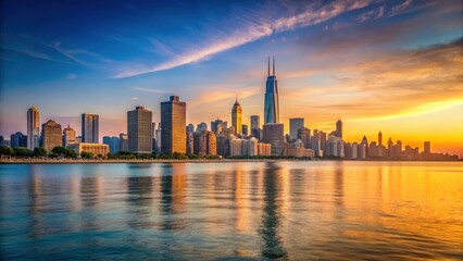 Fototapeta premium Chicago Skyline at Sunset over Lake Michigan, urban landscape, sunset, urban landscape