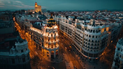Madrid Aerial View at night with street lights tracing the city's vibrant urban layout.
