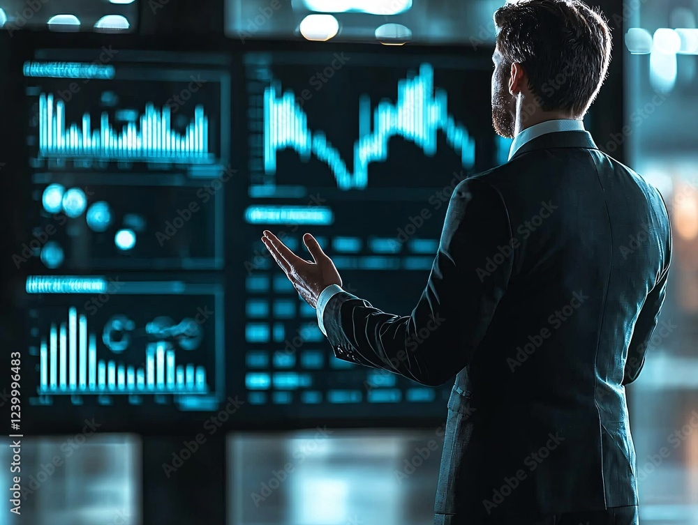 Poster a corporate executive presenting a data-driven growth strategy to a team, with digital screens showc