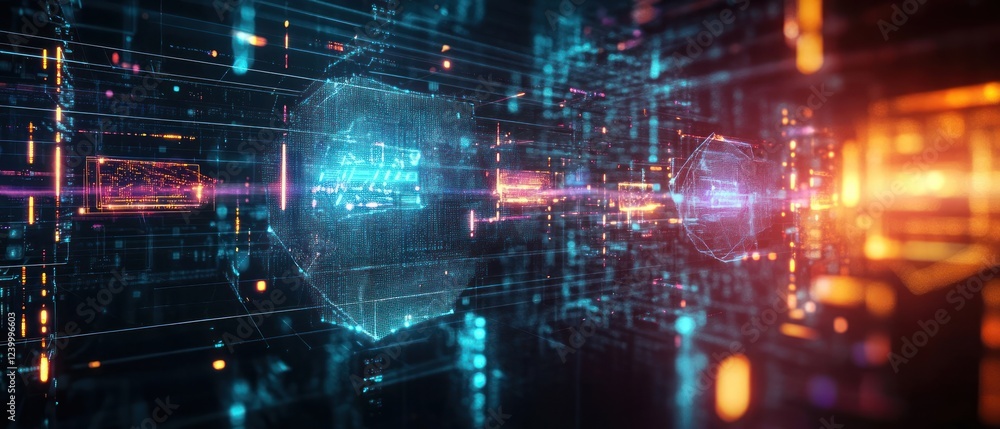Poster futuristic digital landscape with glowing data streams and shapes