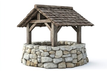 Rustic stone well, wooden cover, white background, rural setting, historical illustration