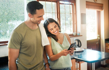 Happy couple, phone and kitchen with memory for social media, connection or communication at home. Man, woman or lovers with smile on mobile smartphone or technology for throwback together at house