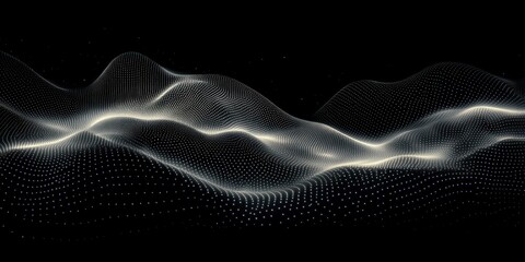 Surreal flowing white dots wave pattern against black background with ambient lighting for technology science and music concept