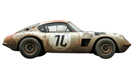 Grungy vintage racing car covered in mud on transparent background