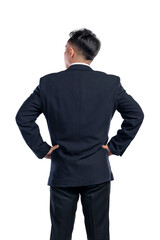 Portrait rear view of Asian businessman standing with confidence isolated over white background. Concept of business, entrepreneur, and successful