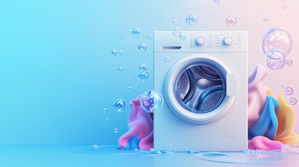 Light blue to white gradient banner with image of washing machine emitting soap bubbles and colorful clothes, Ai generated images