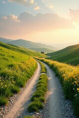 Naklejka premium Serene Sunset Vista A Gravel Road Winds Through Rolling Green Hills Adorned with Blooming Wildflowers Under a Calm, Colorful Sky