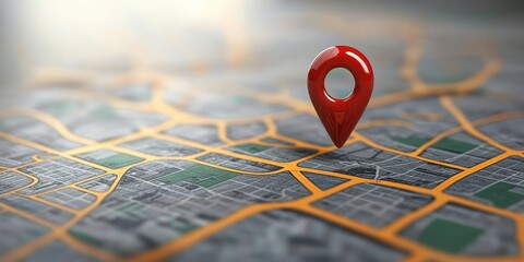 Red location pin on detailed city map, travel navigation, GPS route finding, geometric patterns, minimalistic 3D illustration