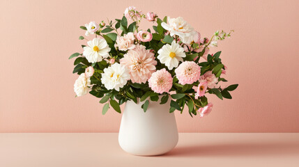 Fototapeta premium A beautiful bouquet of pastel-colored flowers arranged in a white vase against a soft pink background, exuding elegance and freshness.