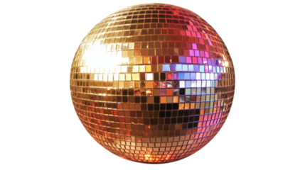 Rotating disco ball reflecting colorful lights on transparent background