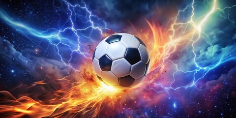 Naklejka premium Soccer ball floating in the air amidst a spectacular display of flames and lightning against a backdrop of a starry night sky with deep blues and purples hues, energetic atmosphere, lightning