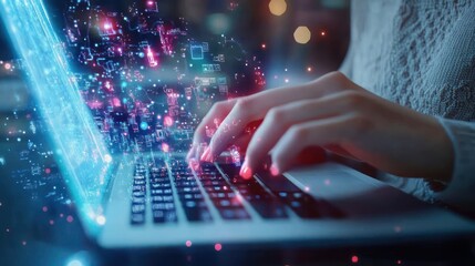 Woman Using Laptop Surrounded by Digital Data and Technology in a Cyberpunk World