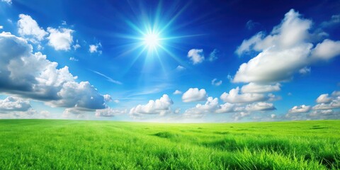 A bright sunny sky with a few white clouds on a clear spring morning in a green meadow, landscape, green grass