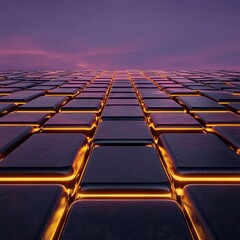 Fototapeta premium Futuristic metallic tiles with orange glow stretching into the horizon against a purple sky, symbolizing technology and innovation.