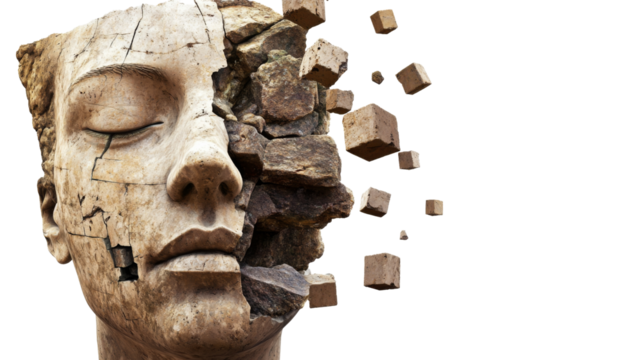 Stone face crumbling into cubes on transparent background