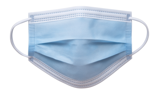 Light blue surgical mask on transparent background preventing coronavirus spreading