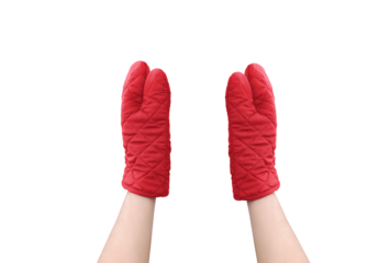 Red microwave gloves, top view, PNG transparent.