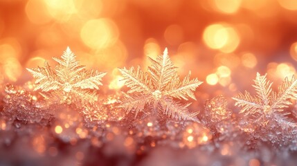 Golden snowflakes on snow, bokeh background, holiday card