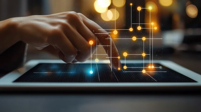 Close Up Hand Pressing Digital Tablet with Virtual Flowchart in Modern Office for Business Strategy and Workflow Improvement
