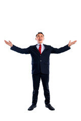 Portrait of an Asian businessman standing with raised hands and open palms isolated over a white background. Copy space. Concept of business, entrepreneur, and successful