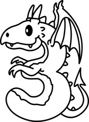 Hand drawn dragon number 3 outline illustration