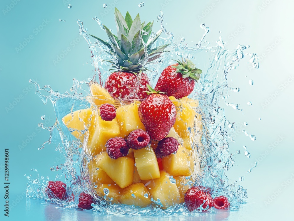 Aufkleber fresh fruits in dynamic splash of water on light blue background creating refreshing visual