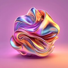 Obraz premium Vibrant abstract metallic sculpture with swirling gradient colors in a soft pink lighting environment, showcasing modern art aesthetics.