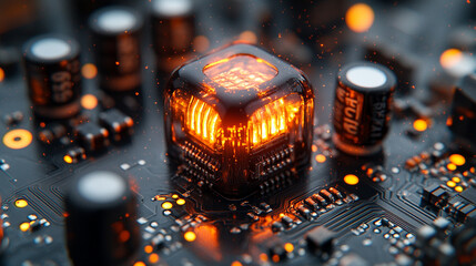 A detailed view of a PCB with a toroidal core inductor and tightly coiled copper wire, surrounded by electrolytic capacitors, resistors, and rainbow spectrum transformers, representing technological c