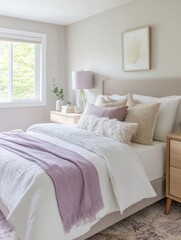 Serene Bedroom with White Bedding and Lavender Throw