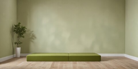 Serene Minimalist Room Interior Design Featuring Olive Green Upholstered Bench Against Pale Green Wall with Light Wood Flooring and a Potted Plant